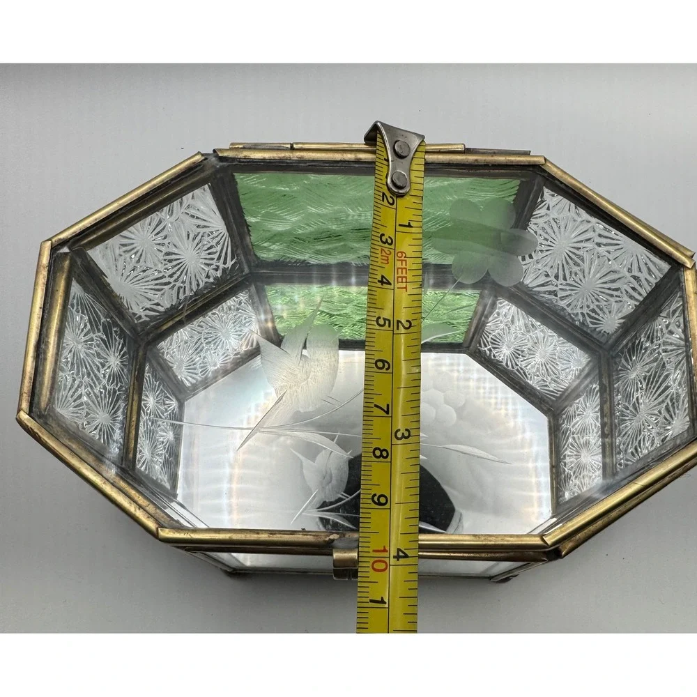 1980's Octagonal Glass Jewelry Box with brass tone frame Etched